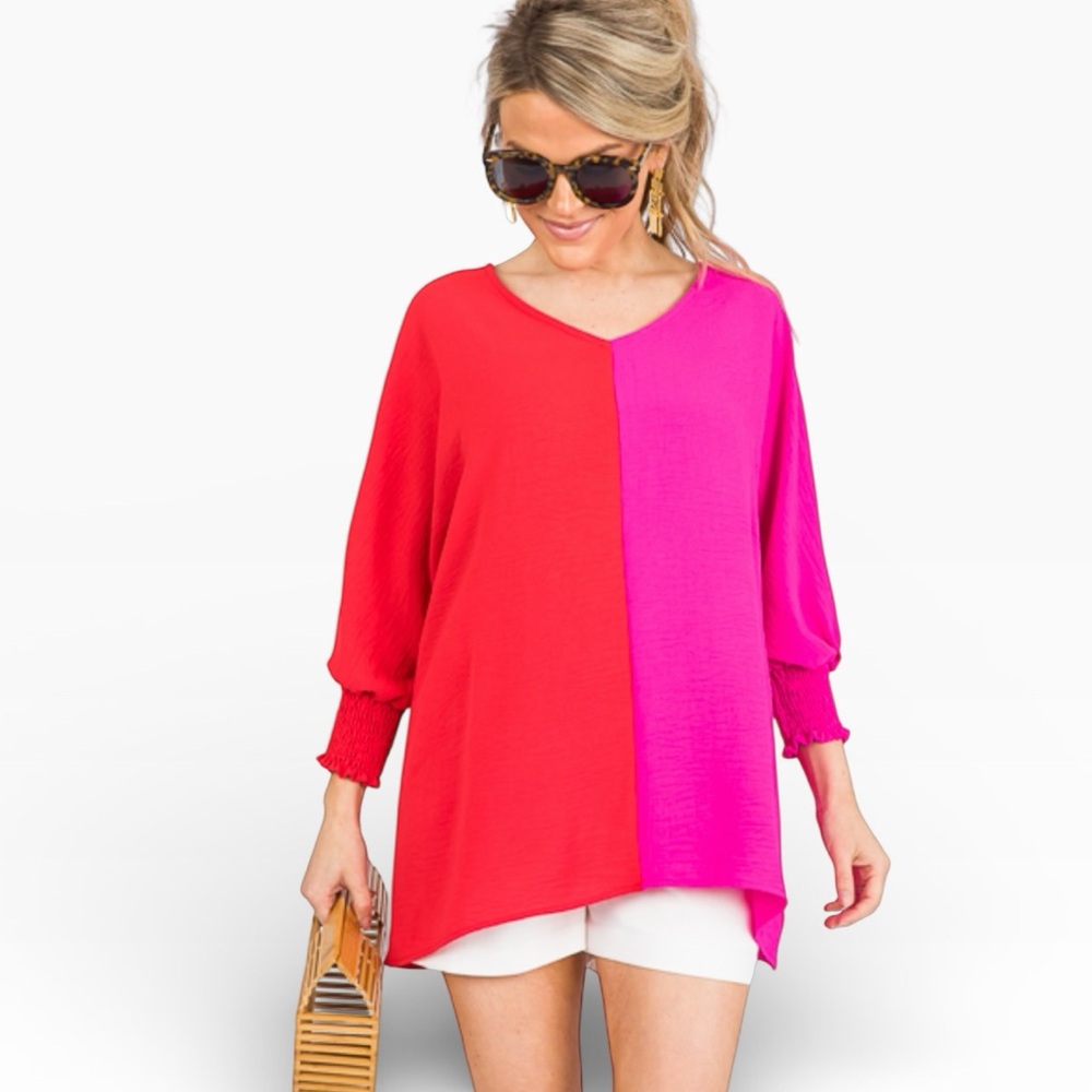 Jodifl Duo Colorblock Oversized Blouse Hot Pink/Red Size Medium